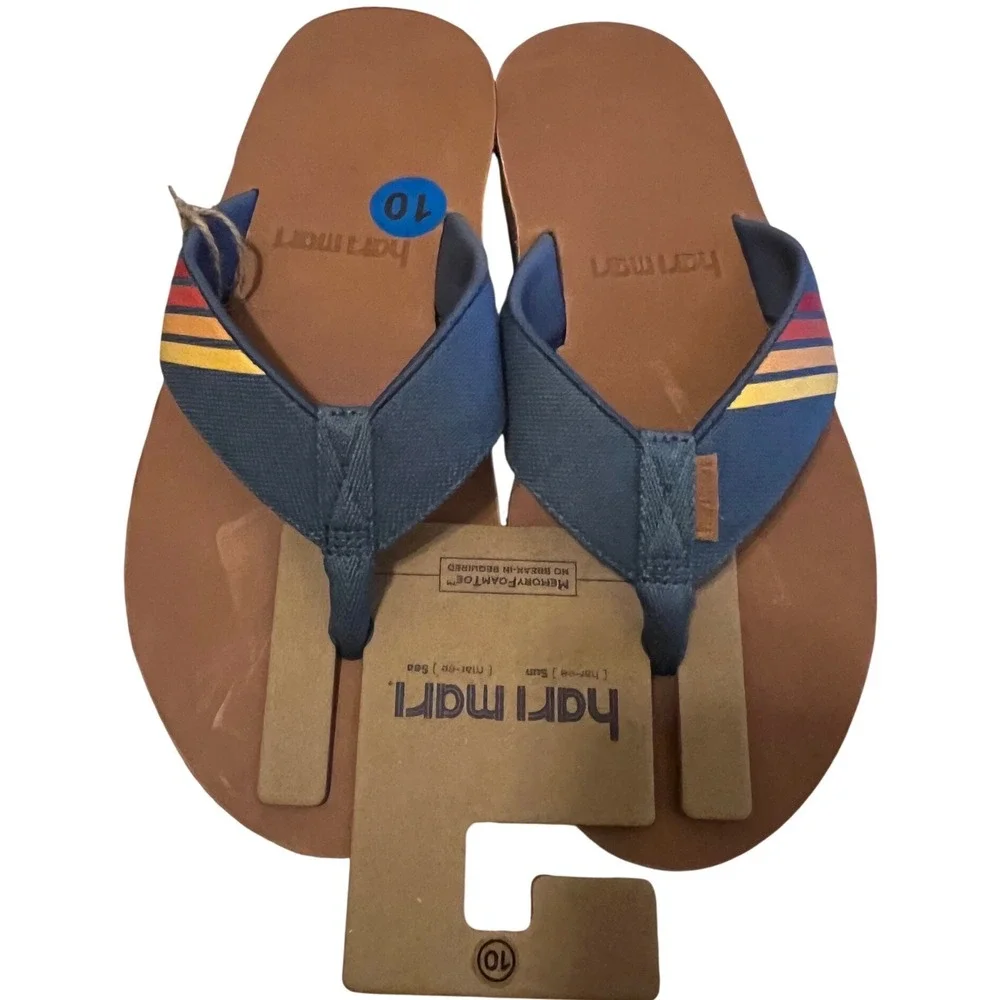 Hari Mari Flip Flops Men's Size 10 Brown Blue Stripe Memory Foam Toe Thong Sanda